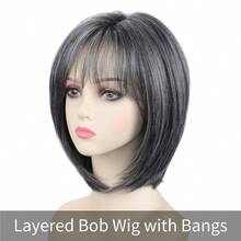 MGrey Medium Length Bob Wig With Bangs Layered Straight Hair Wigs For Women Salt Pepper Wig With Dark Roots Natural Dark Grey Daily Hairstyle Lightweight Hair Replacement Wig8001 - 漸變灰色 - 查看 2