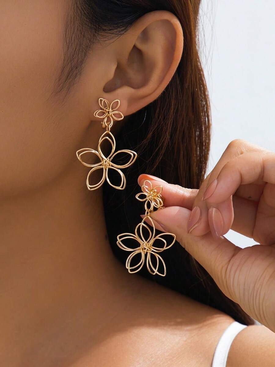 1 对金属花瓣形吊坠耳环 - 金黃色 - 查看 1