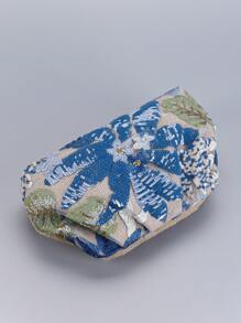 亮片刺绣花卉褶皱手拿包，女士休闲手拿包，时尚迷人的晚宴包，适合假日派对和通勤（图案位置随机） - 藍色 - 查看 5