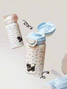 1 pieza Botella de agua para estudiantes, vaso aislado con doble pajita para niños, diseño lindo de estrella, planeta y gato negro, termo portátil de alta calidad