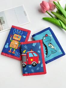 3-Fold Wallet, Cartoon Car And Dinosaur Printed, Durable Polyester Material With Zipper Pocket And Key Ring, Suitable For Daily Coin Purse - Multicolor - View 3