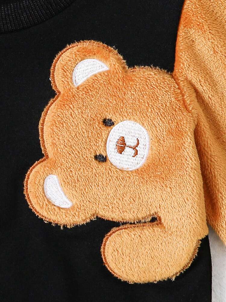 2 件幼儿男童熊图案长袖 T 恤和裤子套装，舒适亲肤休闲装，加厚秋冬装，常规版型，圆领，动物图案，婴儿服装，适合户外 - 黑色 - 查看 3