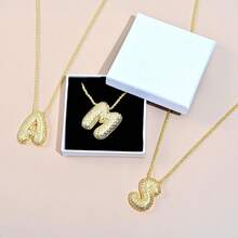 J&C DIY IMAGE 14K Gold Plated Bubble Letter Necklace, Balloon Initial Pave CZ Pendant Necklace,Dainty Jewelry Gift For Women Lovers. - Gold - View 5