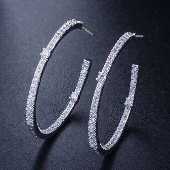 SEQUITO 一对高端合成立方氧化锆银色圆形耳环，女士垂坠耳环，大圆耳环，适合晚宴配饰