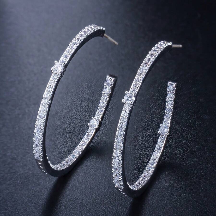 SEQUITO 1 对高端合成方晶锆石银色圆形耳环女式吊坠耳环大圆圈珠宝适合晚宴配饰