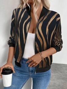 Keke Bloomly Veste de baseball zippée à manches longues décontractée pour femmes, Noël, blanc avec imprimé léopard kaki, cardigan mode coupe régulière - Multicolore - Voir 3