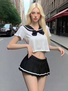 1套性感女士JK制服辣妹直播服装派对舞台表演服日式学生妹百褶裙套装（蝴蝶结）