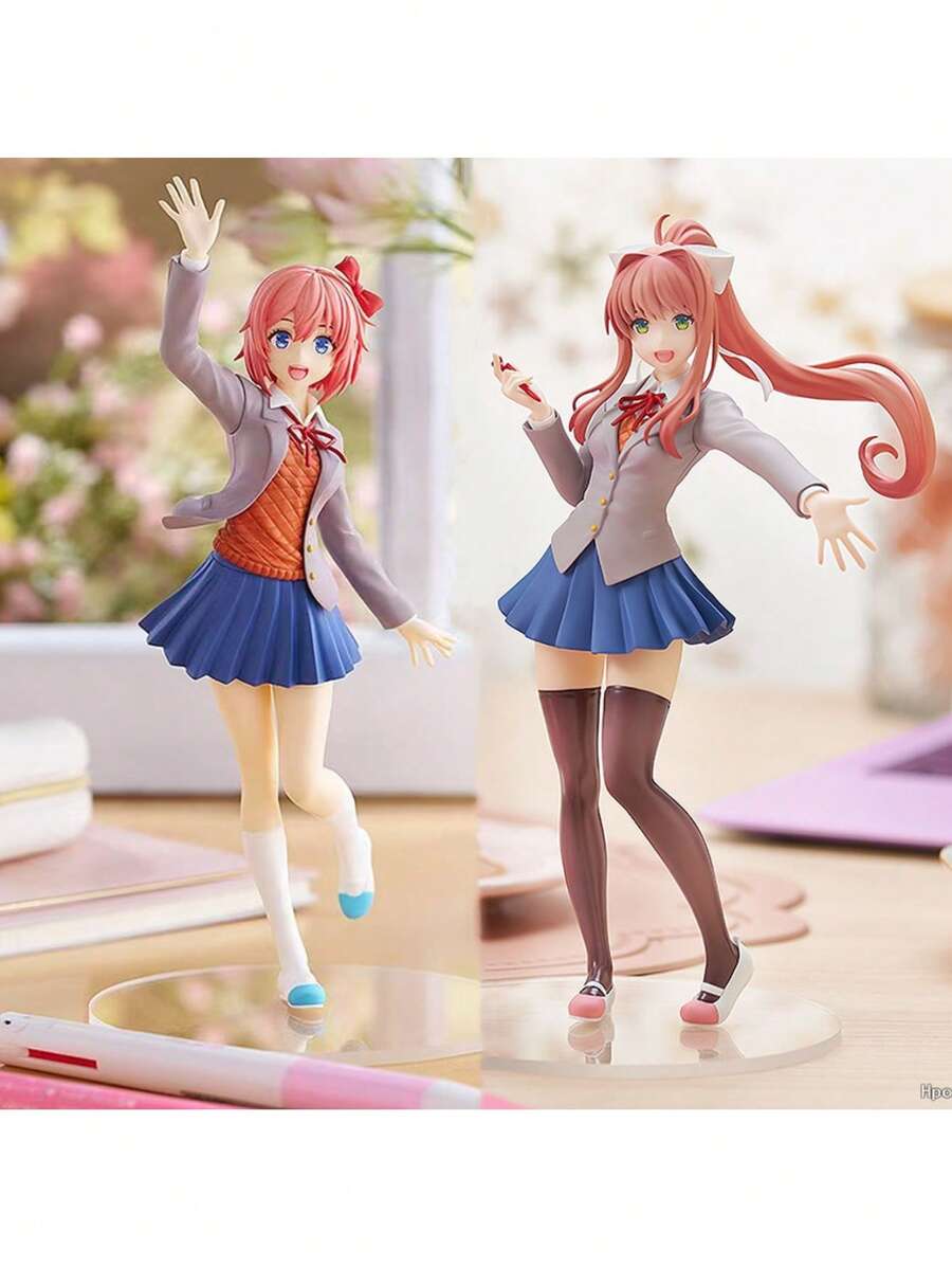 Doki Doki Literature Club! Anime Character Cute Girl Action Figure Models, Approx. 18CM Height, Monika, Sayori, Natsuki, Yuri Figurines, Anime Desktop Decor Collectibles, Doki Doki Literature Club Merchandise (Transparent Or White Base Randomly Included) - Multicolor - View 1
