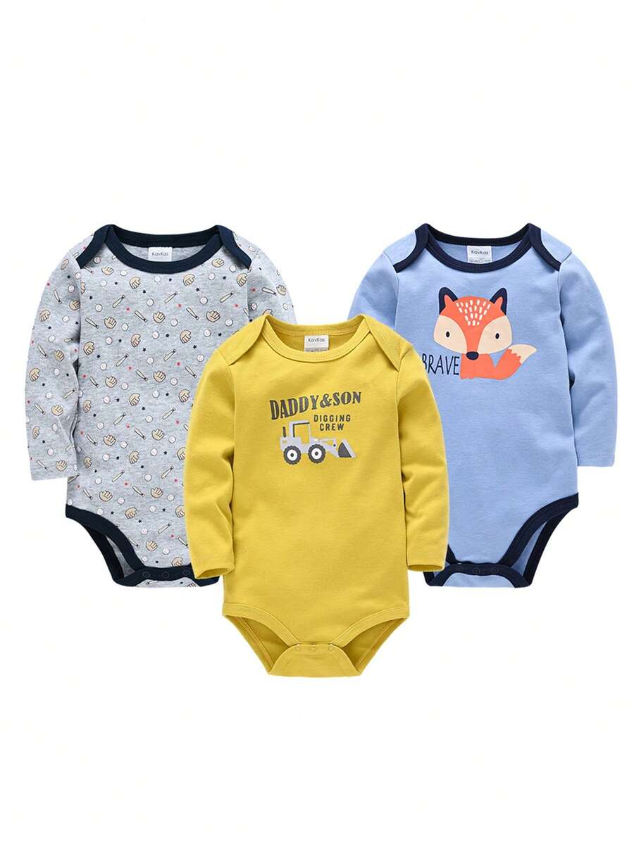 3件套婴儿男童狐狸印花长袖连体衣套装，春秋季 - 彩色 - 查看 1