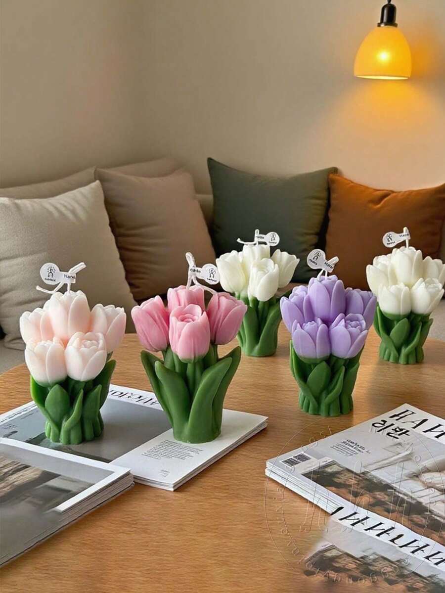 郁金香花束造型香氛蜡烛,营造浪漫氛围,燃烧时间长,无烟燃烧,创意装饰香氛,清新空气,适用于房间、桌面、家居装饰、派对、生日、婚礼、烛光晚餐、情人节礼物、周年纪念礼物,多种颜色可选。 - 彩色 - 查看 1