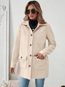 Abrigo informal de diario para mujer con cuello vuelto, botones delanteros y bolsillo, de unicolor
