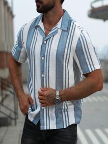 Men's Casual Striped Short Sleeve Shirt, Fashionable & Versatile, Collared, Full Front Button Design, Suitable For Business, Work, And Leisure Wear - Blue - View 2