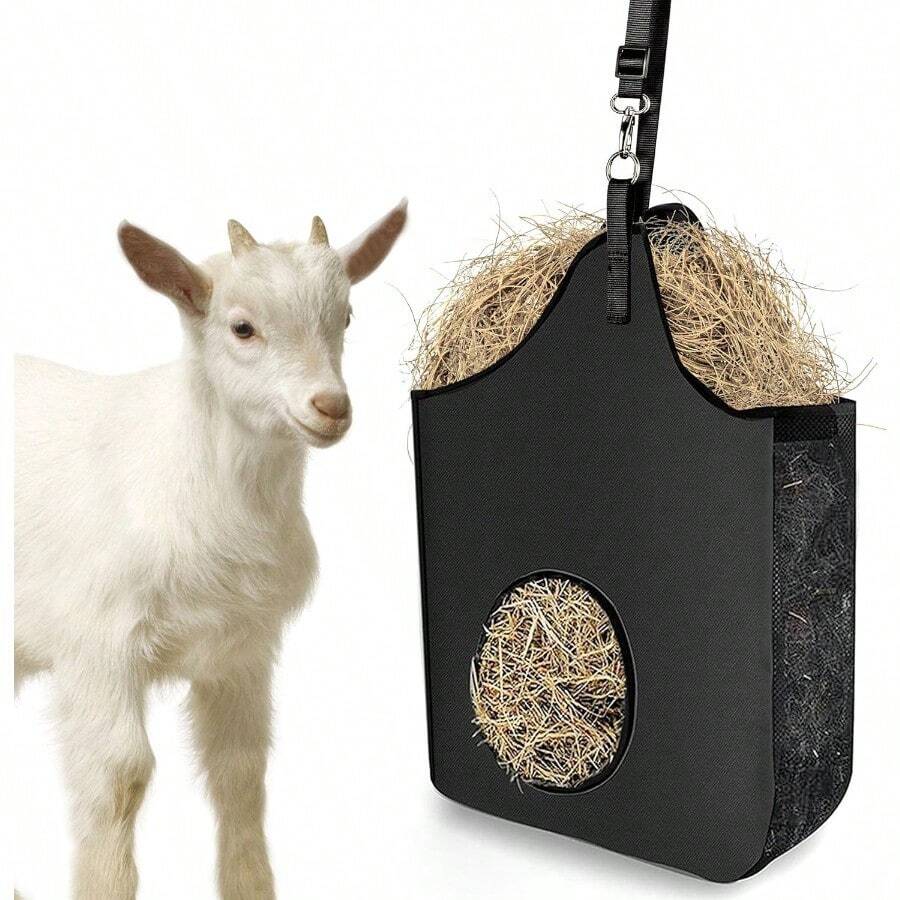 Hay Bag Hanging Goat Feeder Tote Premium Oxford Cloth With Metal Ring And Adjustable Strap For Horses Donkeys Cows Alpacas Ostriches Or Other Animals Black - black-1 - View 1