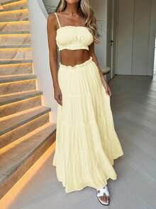 Look Polly Damen Zweiteiler, einfarbiges trägerloses Camisole Top und langer Rock, Frauenkleider Kleidung für Schule, buttergelbe Herbstkleidung für Frauen Kirchenkleid für Frauen Urlaubsstil Konzertoutfits für Frauen Casual, Loungewear-Sets für Frauen Weihnachten Thanksgiving elegantes Frauenset Strandset stilvolle Bekleidungskollektion Neujahrsoutfit