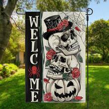 1PC Welcome Decor Garden Flag With Skull And Spider Web Design Perfect For Halloween Garden Displays In Bright Daylight Create A Spooky Atmosphere With Roses Jack Lantern And Elegant Top Hat 11.81x17.72inch - 彩色 - 查看 1