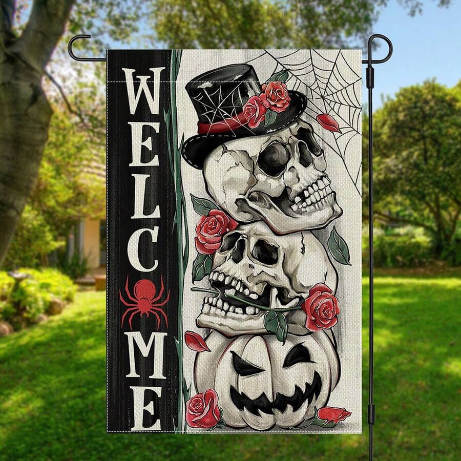 1PC Welcome Decor Garden Flag With Skull And Spider Web Design Perfect For Halloween Garden Displays In Bright Daylight Create A Spooky Atmosphere With Roses Jack Lantern And Elegant Top Hat 11.81x17.72inch - 彩色 - 查看 1
