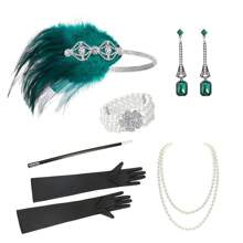 20 件女士 20 世纪 20 年代配饰套装：长袍、了不起的盖茨比风格羽毛头饰、人造珍珠项链、手套舞会万圣节