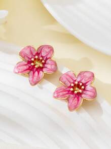 1 Pair Delicate Miniature Vacation Style Pink Enamel Flower Stud Earrings, Suitable For Women's Daily/Vacation/Date Wear