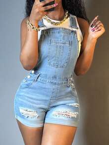 Women Ripped Solid Color Slim-Fit Light Blue Jeans Rompers Casual Buttons Trim Denim Overall Pockets Sleeveless Summer Clothing - Rửa nhẹ - Xem 3