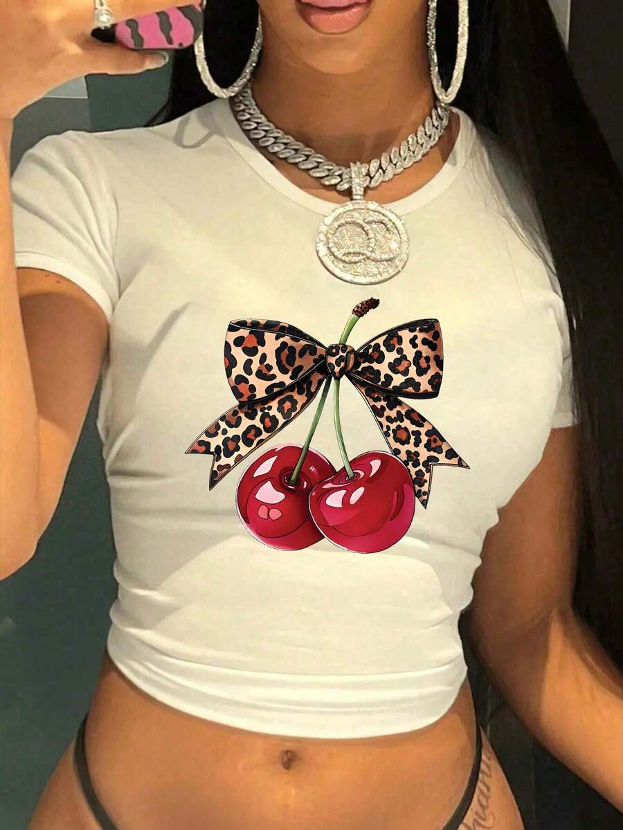 Leopard Print Cherry Coquette Cropped T-Shirt HG Valentine Coquette Cherry Bow Love You Cherry Much Cheetah - 白色7 - 查看 1