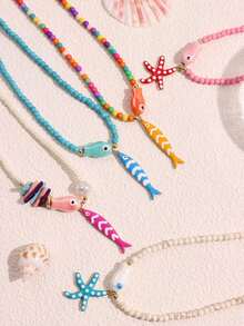 1 件波西米亚风格彩色串珠不锈钢油滴海星和鱼吊坠项链，简约优雅的海滩度假珠宝，多功能海洋主题配饰 - 彩色 - 查看 12