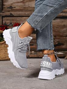 新款女士时尚休闲鞋，纯色系带运动鞋，透气户外跑步鞋，低帮舒适大码女鞋，PVC系带女鞋，透气舒适轻便柔软健身房户外度假女鞋 - 灰色 - 查看 8