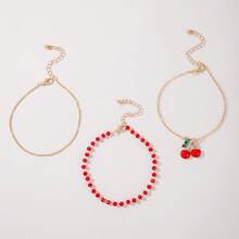 European And American-Border Red Rice Bead Multi-Layer Foot Jewelry With Rhinestones Cherry Anklet Three-Piece Set Decoration - 15680 - Xem 5