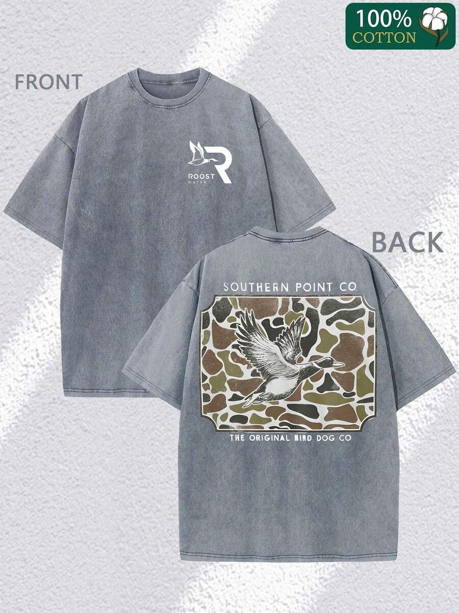 Roost Camo Shield Double-Sided Pattern Print, Fine 230g Washed Old Batik Thickened Pure Cotton T-Shirt, Women's Fashion Casual Premium Pure Cotton T-Shirt, Short Sleeve Round Neck T-Shirt - 灰色的 - 查看 1