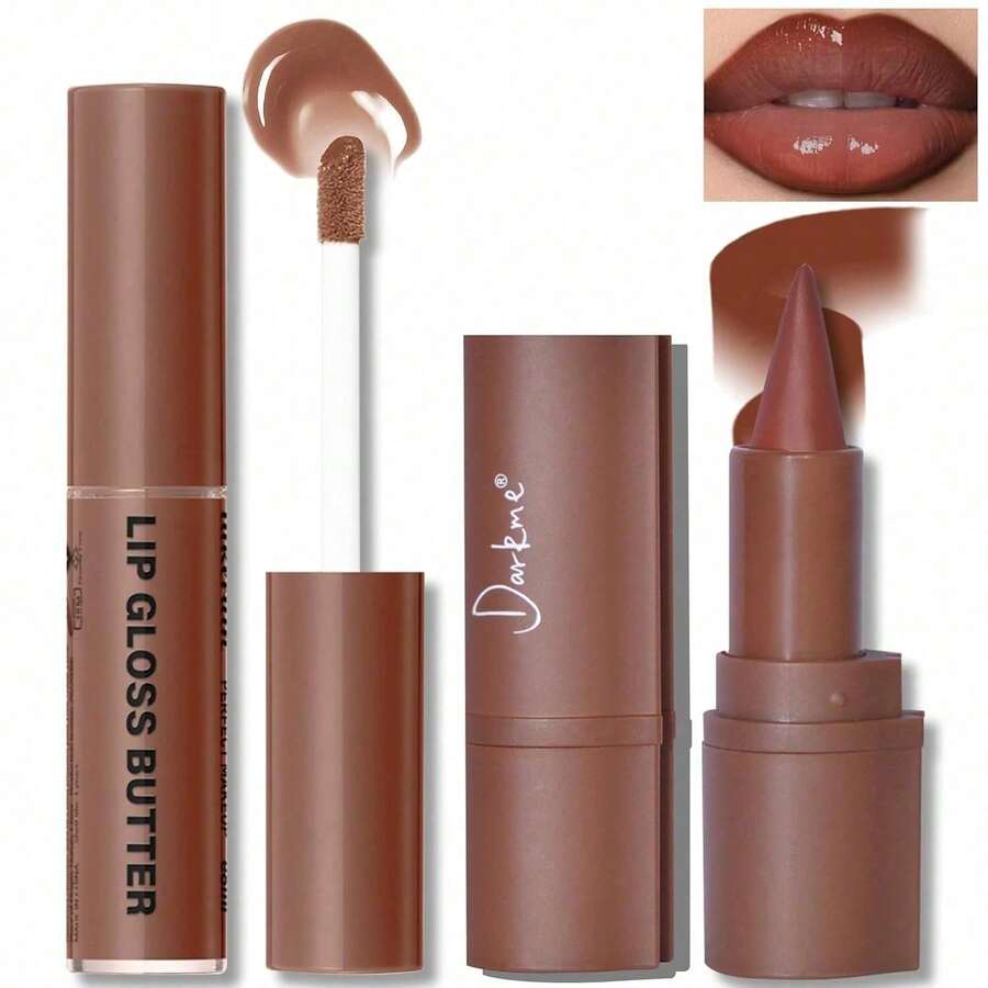 Lip Liner And Gloss Set, Dark Brown Plumping Lip Liner Lip Pencil Moisturizing Lightweight Lip Gloss Lip Combo, High Shine Glossy Lip Tint Lip Stain Makeup Long Lasting Lip Care For Women - 04 中棕色 - 查看 1