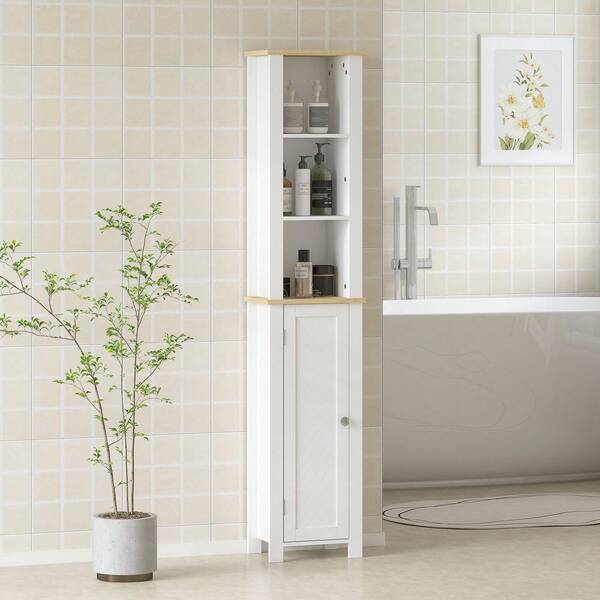 Kleankin Slim Bathroom Storage Unit With Open Compartment, Bathroom Storage Cabinet With Adjustable Shelf, 34 X 23 X 165 Cm, White