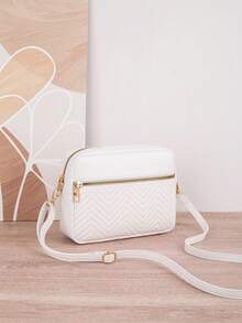 1pc Women's Quilted Striped Crossbody Bag, Multi-Layer Camera Bag, Zipper Closure, Adjustable Strap, Fashion Shoulder Bag For Daily Use, Versatile - White - View 2