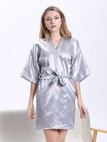 1 szt. Damski, modny, sztuczny jedwabny szlafrok kimono z dekoltem w serek i wiązaniem w talii, krótki rękaw, piżama