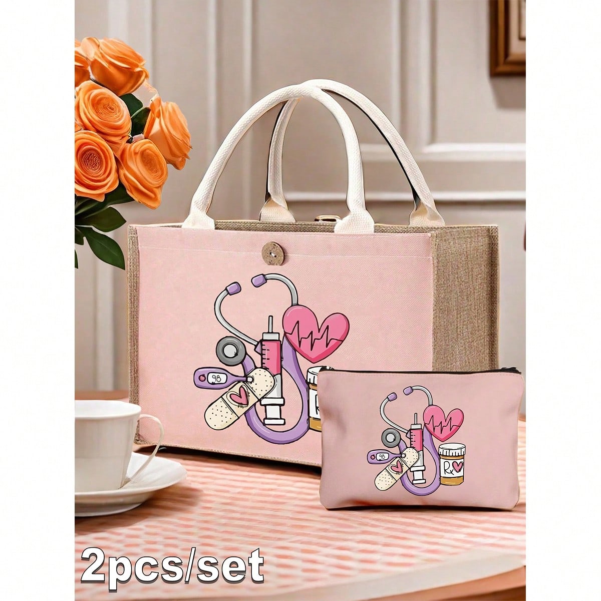 Nurse Theme Pink Handbag & Cosmetic Bag Set, Casual Style, Fabric Structure, Printed With Stethoscope, Heart, Syringe, Thermometer, Pill Patterns, Suitable For Back To School, Travel, Unisex, Perfect Gift, Daily Necessity