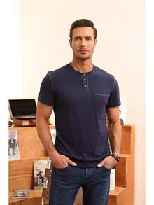 Henley Shirts Slim Fit Button T-Shirthalloween - 寶藍色 - 查看 6