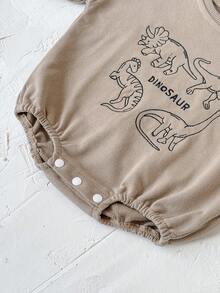 INS 婴儿男女童休闲恐龙刺绣棕色长袖连体衣，春秋季