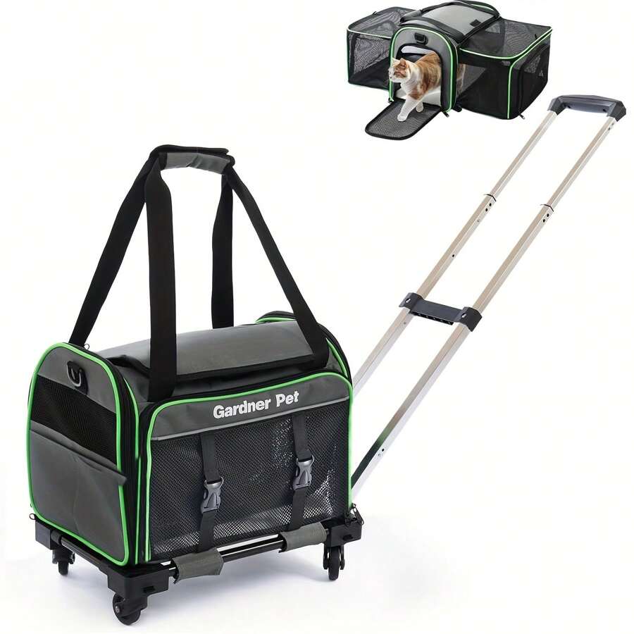 Pet Carrier With Wheels - 6-Sided Breathable Mesh, Expandable Extra Large Space, Portable, Airline Approved For Cats & Small Dogs Under 15lb