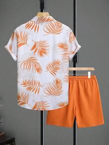 Men's Casual Set With Short Sleeve Shirt And Printed Shorts - 橘色 - 查看 2