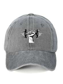 1 件时尚举重做旧印花可调节水洗帽檐男女休闲日常、通勤、上学、骑行、街头时尚老爹帽 - 啞鈴 - 查看 6