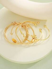 5/6 件复古时尚夸张开口星花扭纹手镯套装，光滑不对称袖口手镯 - 金色 - 查看 8