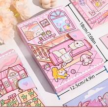 Juego de casa de muñecas de papel para armar DIY, diseño caricatura encantadora de una niña en su rutina diaria con pegatinas de vestimenta y manualidad con materiales pre-cortados. Perfecto para descompresión sensorial, actividades creativas y album de recortes. - casa de muñecas de papel rosa - Ver 4