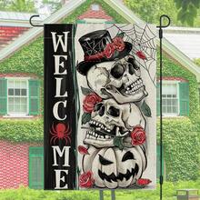1PC Welcome Decor Garden Flag With Skull And Spider Web Design Perfect For Halloween Garden Displays In Bright Daylight Create A Spooky Atmosphere With Roses Jack Lantern And Elegant Top Hat 11.81x17.72inch - 彩色 - 查看 7