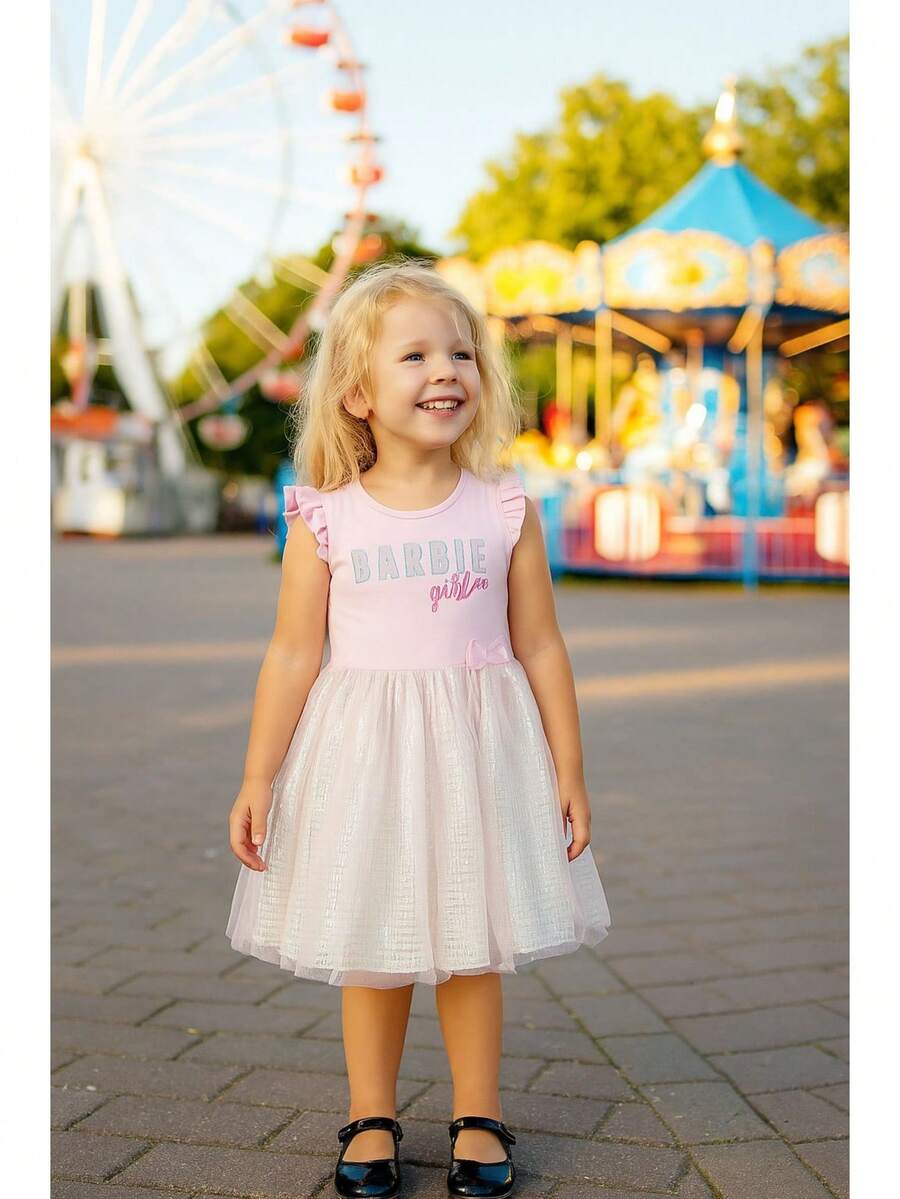 Barbie Vestido de niña confeccionado en tejido de punto, estampado y combinado con foil plateado - Rosa - Ver 1