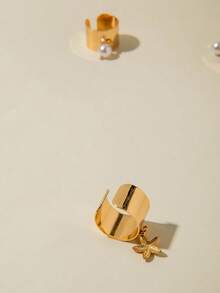 imoli 4 件套度假风格合金海星和珍珠吊坠开口戒指套装，送给女士的礼物 - 金黃色 - 查看 2