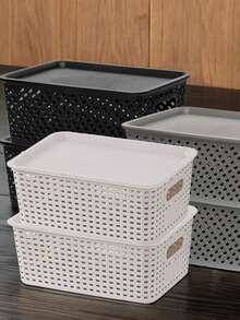 6/4/2Pcs Stackable Plastic Storage Boxes With LIDS - Durable Grey Organization Baskets, Suitable For Home, Office And Classroom - Multi-Functional Shelf Boxes, Home Organizing, Stackable Boxes - màu đen - Xem 5