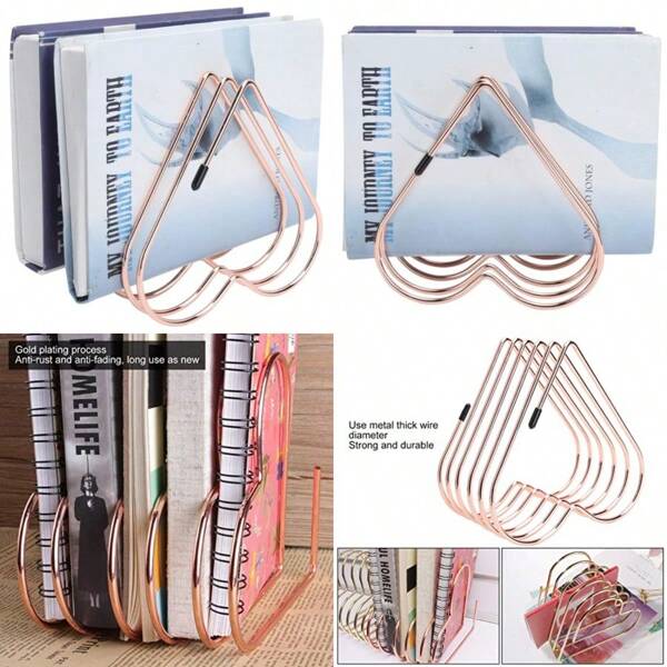 Adjustables Magazine Holder Heart Shape Magazine Holder Storage Organizer Bin Desktop Magazine File Holder Metal Book Organizer Rack Rose Gold