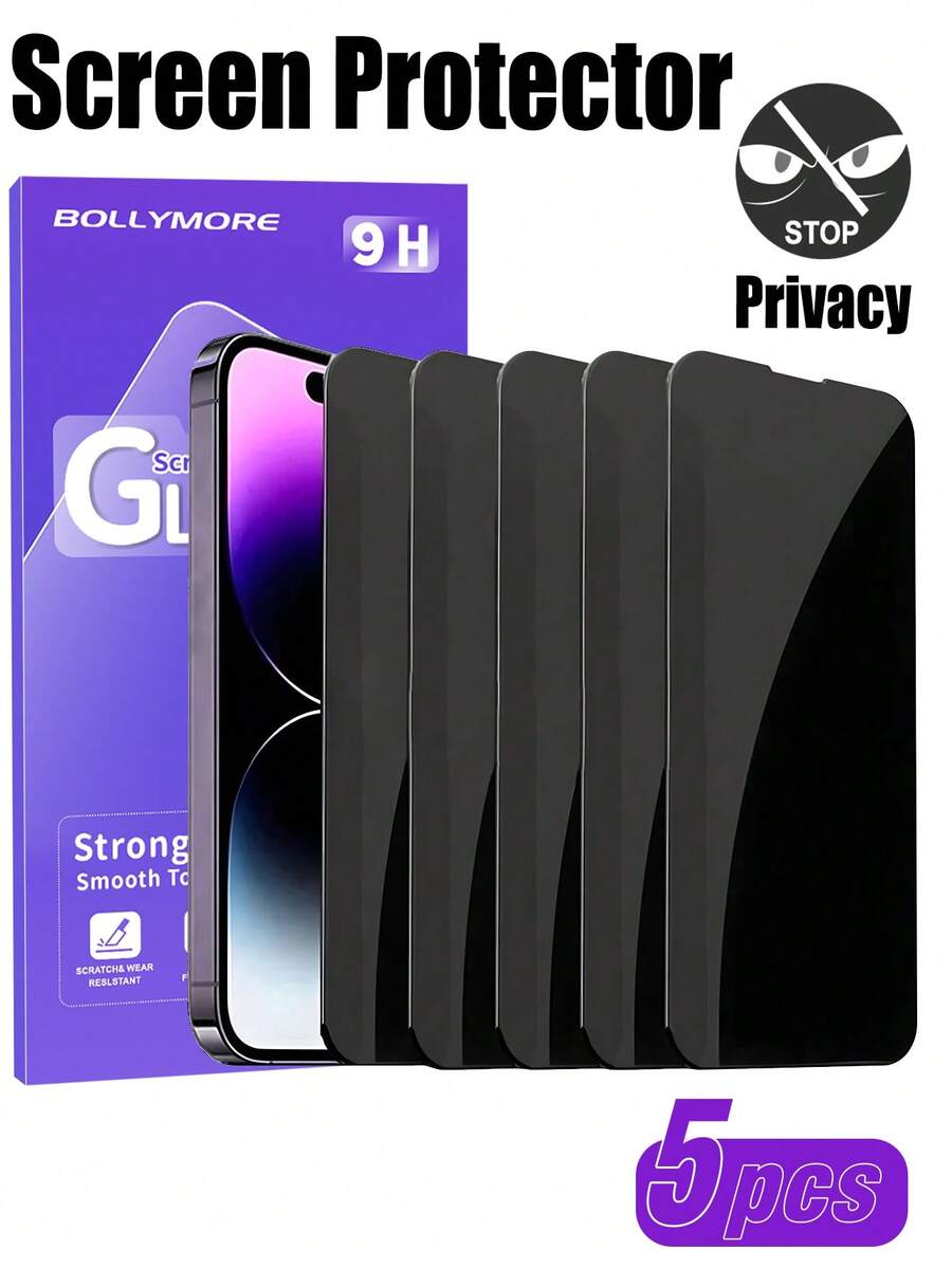 BOLLYMORE 5 Peças Protetor de Tela de Vidro Temperado de Alta Definição com Privacidade, Compatível com iPhone 17 Pro Max/17 Pro/17 Air/17/16e/16 Pro Max/16 Pro/15 Pro Max/14 - Protetor de Tela com Privacidade, Anti-Espionagem Esquerda e Direita, Anti-Impressão Digital, Compatível com Capa de Telefone, Essencial para Trabalho e Viagem