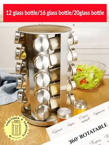 12pcs Glass Bottle / 16pcs Glass Bottle/20pcs Glass Bottle Multi-Size 360° Rotating Stainless Steel Large Capacity Airtight Moisture-Proof Kitchen Spice Rack (Including Accessories: Spice Jars)