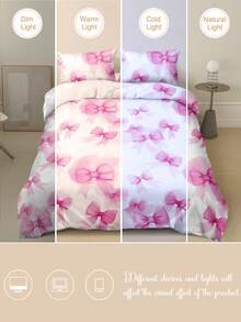 3件粉色蝴蝶结数码印花羽绒被套套装（1个羽绒被套+2个枕套，无填充物），适合房间装饰，日常使用，柔软亲肤的涤纶纤维，适用于卧室、主卧、客房、宿舍，四季皆宜