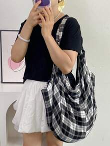 大容量黑白格纹单肩包，大学生背包，女士斜挎包，休闲多用途手提包，适合工作、学习、旅行 - 黑與白 - 查看 7