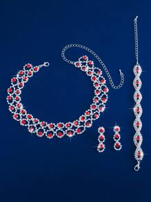 3pcs Women's Luxury Fashion Jewelry Set, Rhinestone Necklace + Earrings + Bracelet, Elegant & Versatile For Daily And Other Occasions